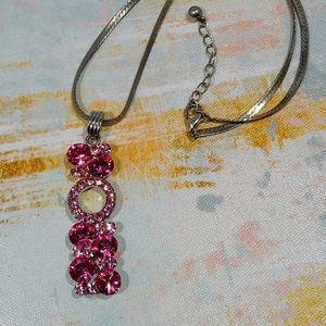 80's Vintage Unique Pink Rhinestone pendant Silver Tone necklace